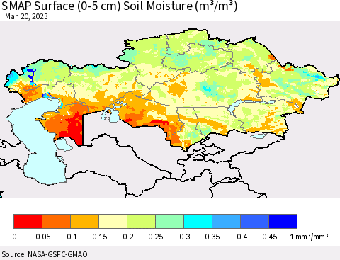 Kazakhstan SMAP Surface (0-5 cm) Soil Moisture (m³/m³) Thematic Map For 3/16/2023 - 3/20/2023