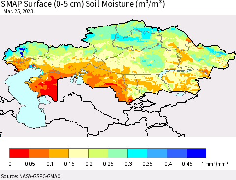 Kazakhstan SMAP Surface (0-5 cm) Soil Moisture (m³/m³) Thematic Map For 3/21/2023 - 3/25/2023
