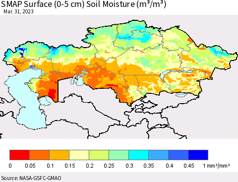 Kazakhstan SMAP Surface (0-5 cm) Soil Moisture (m³/m³) Thematic Map For 3/26/2023 - 3/31/2023