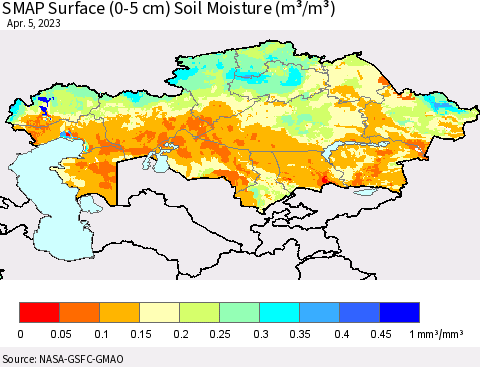 Kazakhstan SMAP Surface (0-5 cm) Soil Moisture (m³/m³) Thematic Map For 4/1/2023 - 4/5/2023
