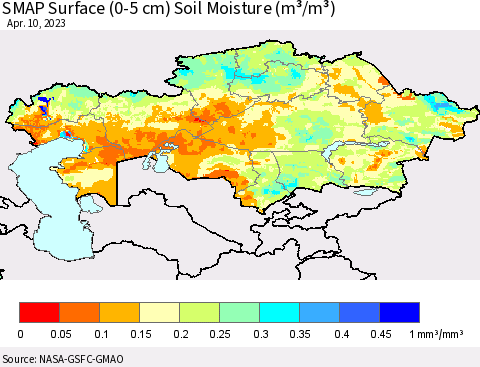 Kazakhstan SMAP Surface (0-5 cm) Soil Moisture (m³/m³) Thematic Map For 4/6/2023 - 4/10/2023