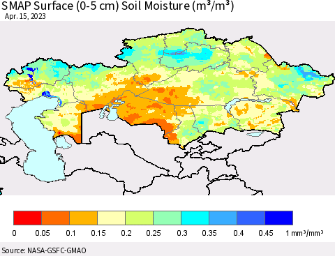Kazakhstan SMAP Surface (0-5 cm) Soil Moisture (m³/m³) Thematic Map For 4/11/2023 - 4/15/2023