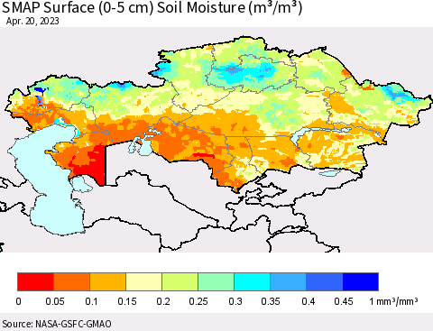 Kazakhstan SMAP Surface (0-5 cm) Soil Moisture (m³/m³) Thematic Map For 4/16/2023 - 4/20/2023