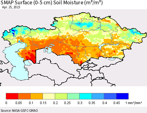Kazakhstan SMAP Surface (0-5 cm) Soil Moisture (m³/m³) Thematic Map For 4/21/2023 - 4/25/2023