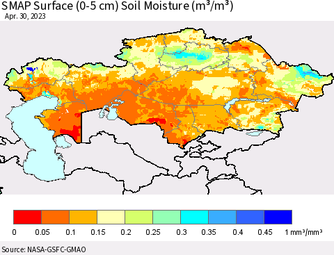 Kazakhstan SMAP Surface (0-5 cm) Soil Moisture (m³/m³) Thematic Map For 4/26/2023 - 4/30/2023