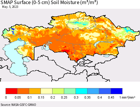 Kazakhstan SMAP Surface (0-5 cm) Soil Moisture (m³/m³) Thematic Map For 5/1/2023 - 5/5/2023