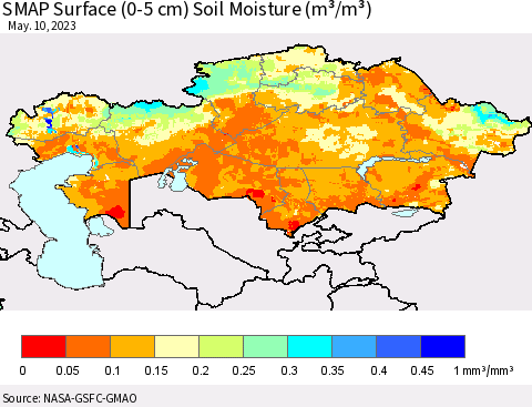 Kazakhstan SMAP Surface (0-5 cm) Soil Moisture (m³/m³) Thematic Map For 5/6/2023 - 5/10/2023