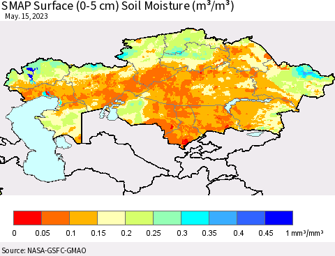 Kazakhstan SMAP Surface (0-5 cm) Soil Moisture (m³/m³) Thematic Map For 5/11/2023 - 5/15/2023