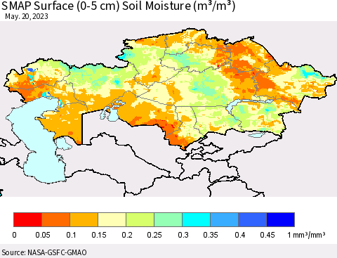 Kazakhstan SMAP Surface (0-5 cm) Soil Moisture (m³/m³) Thematic Map For 5/16/2023 - 5/20/2023