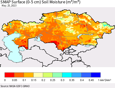 Kazakhstan SMAP Surface (0-5 cm) Soil Moisture (m³/m³) Thematic Map For 5/21/2023 - 5/25/2023