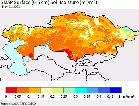 Kazakhstan SMAP Surface (0-5 cm) Soil Moisture (m³/m³) Thematic Map For 5/26/2023 - 5/31/2023