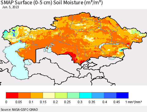 Kazakhstan SMAP Surface (0-5 cm) Soil Moisture (m³/m³) Thematic Map For 6/1/2023 - 6/5/2023