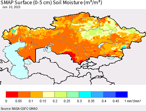 Kazakhstan SMAP Surface (0-5 cm) Soil Moisture (m³/m³) Thematic Map For 6/6/2023 - 6/10/2023