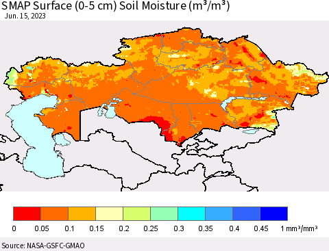 Kazakhstan SMAP Surface (0-5 cm) Soil Moisture (m³/m³) Thematic Map For 6/11/2023 - 6/15/2023