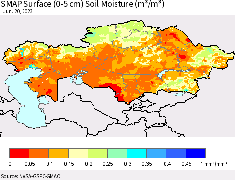 Kazakhstan SMAP Surface (0-5 cm) Soil Moisture (m³/m³) Thematic Map For 6/16/2023 - 6/20/2023