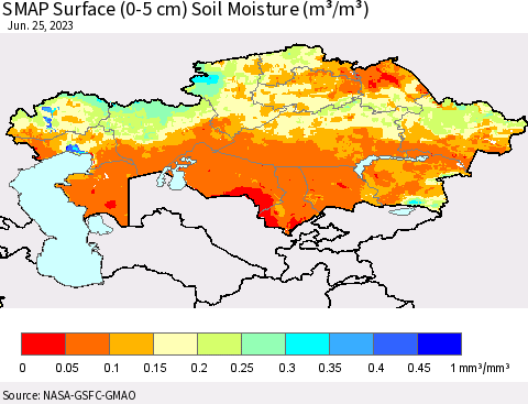 Kazakhstan SMAP Surface (0-5 cm) Soil Moisture (m³/m³) Thematic Map For 6/21/2023 - 6/25/2023