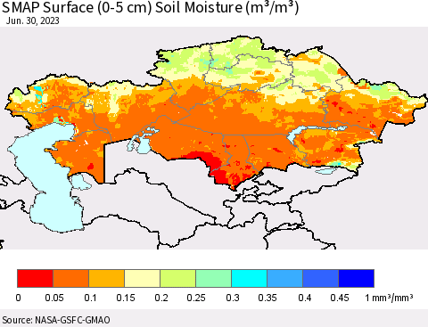Kazakhstan SMAP Surface (0-5 cm) Soil Moisture (m³/m³) Thematic Map For 6/26/2023 - 6/30/2023