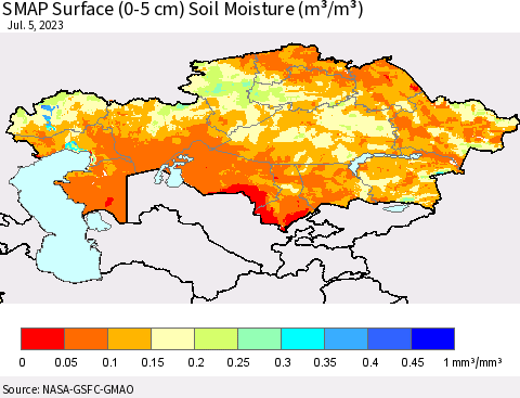 Kazakhstan SMAP Surface (0-5 cm) Soil Moisture (m³/m³) Thematic Map For 7/1/2023 - 7/5/2023