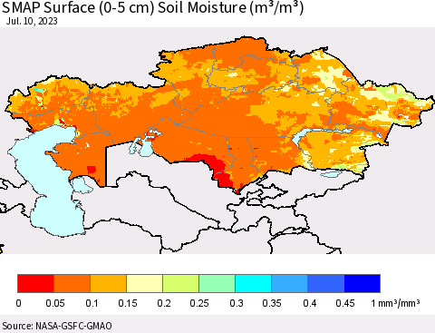 Kazakhstan SMAP Surface (0-5 cm) Soil Moisture (m³/m³) Thematic Map For 7/6/2023 - 7/10/2023