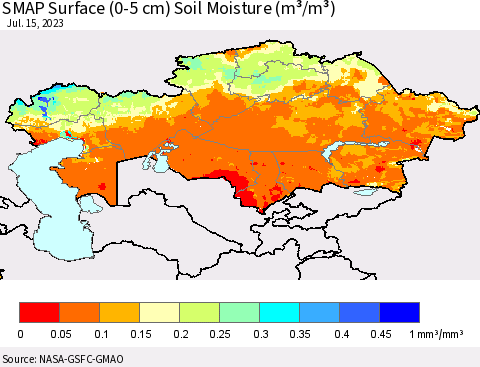 Kazakhstan SMAP Surface (0-5 cm) Soil Moisture (m³/m³) Thematic Map For 7/11/2023 - 7/15/2023