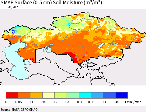 Kazakhstan SMAP Surface (0-5 cm) Soil Moisture (m³/m³) Thematic Map For 7/16/2023 - 7/20/2023