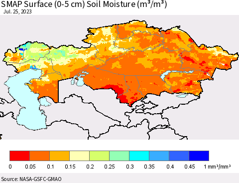 Kazakhstan SMAP Surface (0-5 cm) Soil Moisture (m³/m³) Thematic Map For 7/21/2023 - 7/25/2023