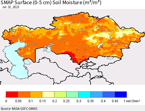 Kazakhstan SMAP Surface (0-5 cm) Soil Moisture (m³/m³) Thematic Map For 7/26/2023 - 7/31/2023