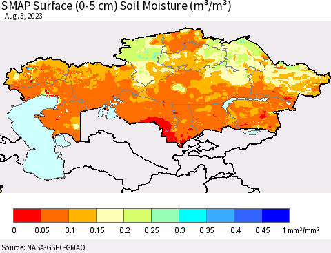 Kazakhstan SMAP Surface (0-5 cm) Soil Moisture (m³/m³) Thematic Map For 8/1/2023 - 8/5/2023
