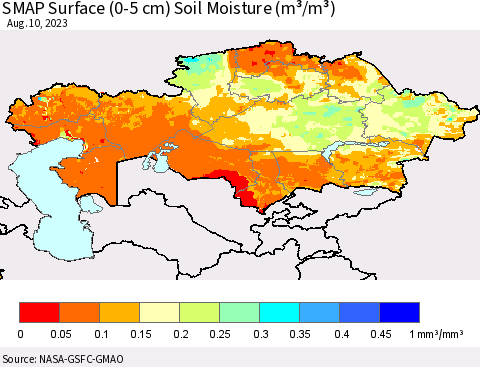 Kazakhstan SMAP Surface (0-5 cm) Soil Moisture (m³/m³) Thematic Map For 8/6/2023 - 8/10/2023
