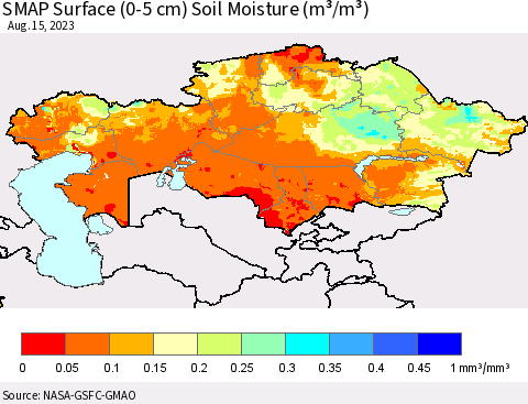 Kazakhstan SMAP Surface (0-5 cm) Soil Moisture (m³/m³) Thematic Map For 8/11/2023 - 8/15/2023