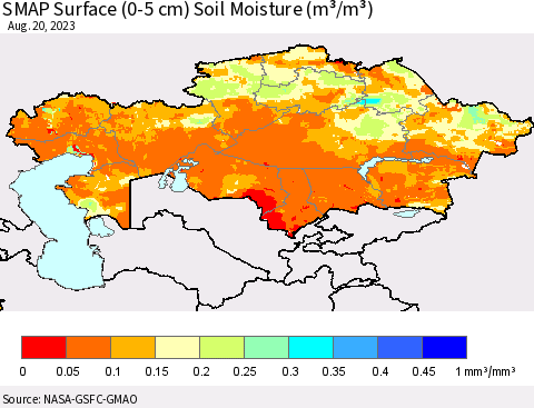 Kazakhstan SMAP Surface (0-5 cm) Soil Moisture (m³/m³) Thematic Map For 8/16/2023 - 8/20/2023