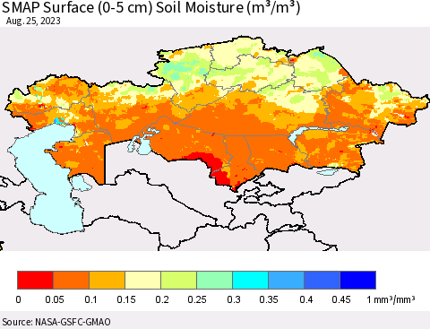 Kazakhstan SMAP Surface (0-5 cm) Soil Moisture (m³/m³) Thematic Map For 8/21/2023 - 8/25/2023