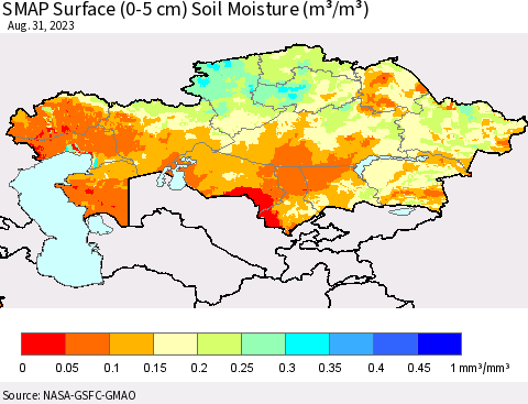 Kazakhstan SMAP Surface (0-5 cm) Soil Moisture (m³/m³) Thematic Map For 8/26/2023 - 8/31/2023