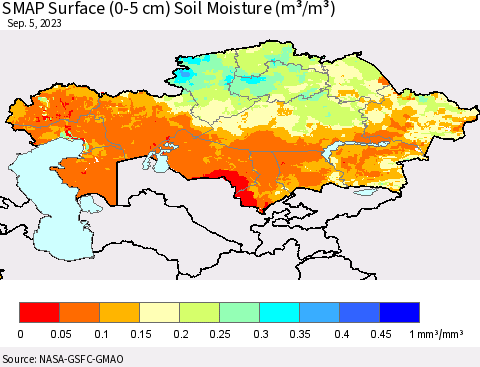 Kazakhstan SMAP Surface (0-5 cm) Soil Moisture (m³/m³) Thematic Map For 9/1/2023 - 9/5/2023