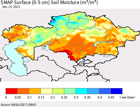 Kazakhstan SMAP Surface (0-5 cm) Soil Moisture (m³/m³) Thematic Map For 9/6/2023 - 9/10/2023