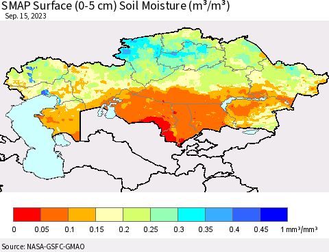 Kazakhstan SMAP Surface (0-5 cm) Soil Moisture (m³/m³) Thematic Map For 9/11/2023 - 9/15/2023