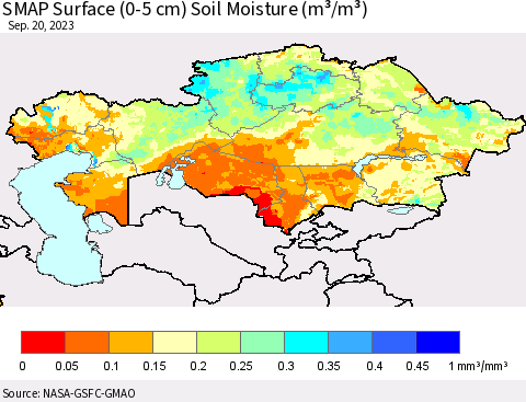 Kazakhstan SMAP Surface (0-5 cm) Soil Moisture (m³/m³) Thematic Map For 9/16/2023 - 9/20/2023