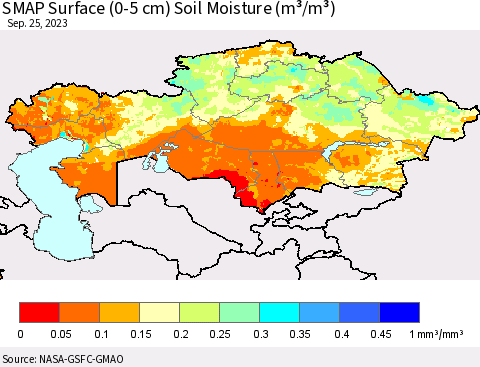 Kazakhstan SMAP Surface (0-5 cm) Soil Moisture (m³/m³) Thematic Map For 9/21/2023 - 9/25/2023