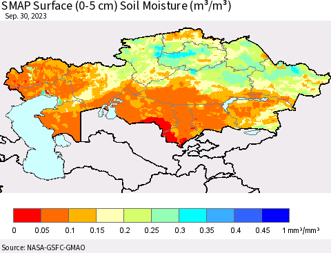 Kazakhstan SMAP Surface (0-5 cm) Soil Moisture (m³/m³) Thematic Map For 9/26/2023 - 9/30/2023