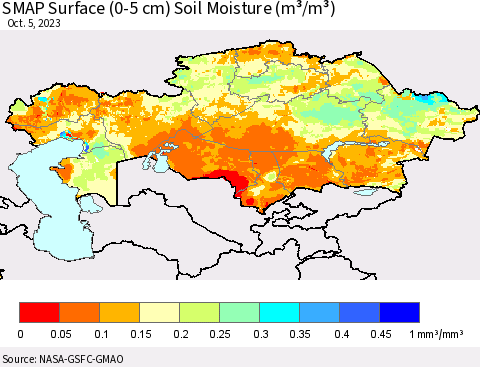 Kazakhstan SMAP Surface (0-5 cm) Soil Moisture (m³/m³) Thematic Map For 10/1/2023 - 10/5/2023