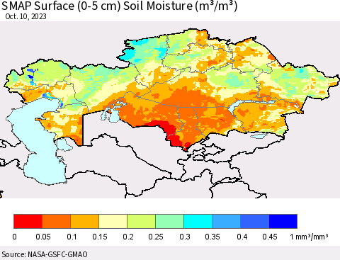 Kazakhstan SMAP Surface (0-5 cm) Soil Moisture (m³/m³) Thematic Map For 10/6/2023 - 10/10/2023