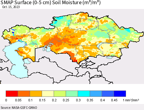 Kazakhstan SMAP Surface (0-5 cm) Soil Moisture (m³/m³) Thematic Map For 10/11/2023 - 10/15/2023