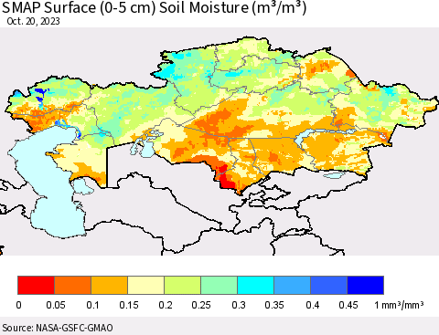 Kazakhstan SMAP Surface (0-5 cm) Soil Moisture (m³/m³) Thematic Map For 10/16/2023 - 10/20/2023