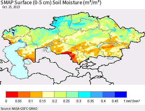 Kazakhstan SMAP Surface (0-5 cm) Soil Moisture (m³/m³) Thematic Map For 10/21/2023 - 10/25/2023