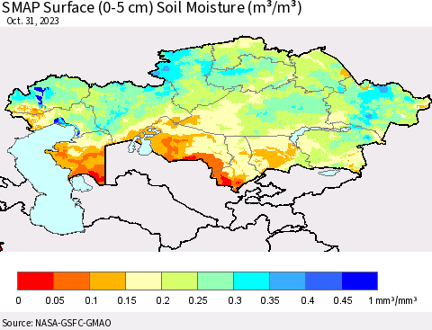 Kazakhstan SMAP Surface (0-5 cm) Soil Moisture (m³/m³) Thematic Map For 10/26/2023 - 10/31/2023