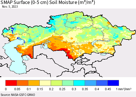 Kazakhstan SMAP Surface (0-5 cm) Soil Moisture (m³/m³) Thematic Map For 11/1/2023 - 11/5/2023