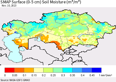 Kazakhstan SMAP Surface (0-5 cm) Soil Moisture (m³/m³) Thematic Map For 11/6/2023 - 11/10/2023