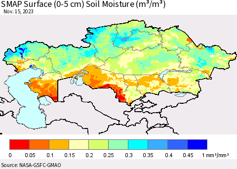 Kazakhstan SMAP Surface (0-5 cm) Soil Moisture (m³/m³) Thematic Map For 11/11/2023 - 11/15/2023