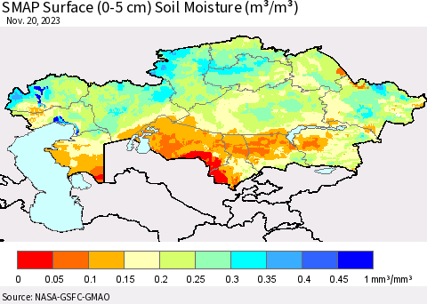 Kazakhstan SMAP Surface (0-5 cm) Soil Moisture (m³/m³) Thematic Map For 11/16/2023 - 11/20/2023