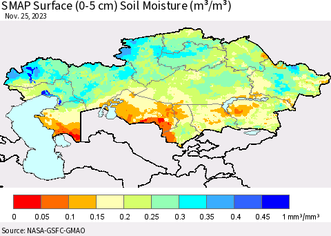 Kazakhstan SMAP Surface (0-5 cm) Soil Moisture (m³/m³) Thematic Map For 11/21/2023 - 11/25/2023